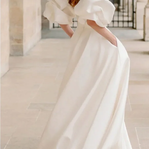 White Off-Shoulder Puff Sleeve Wedding Gown - Picture 5 of 13